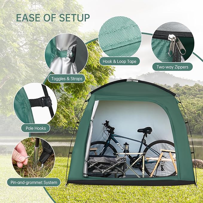 Travel Bike Storage Shed Tent - 210D Outdoor Portable Bicycle Storage Shed 8" L x 7.98" W x 10" H - Waterproof, UV Resistant, Portable Bike Shelter for Outdoor Protection (Green)