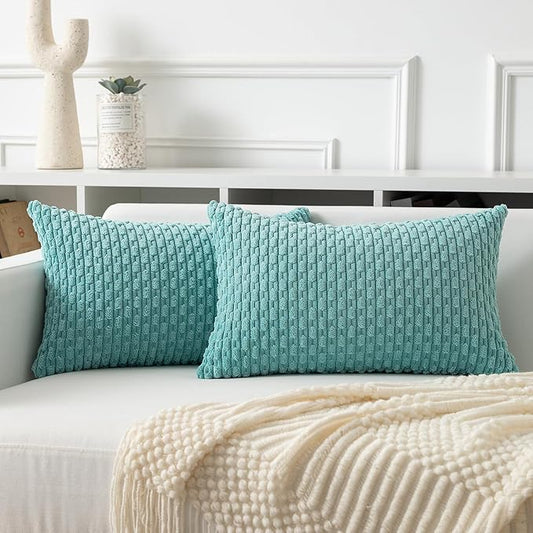 Kevin Textile Throw Pillow Covers Soft Corduroy Decorative Set of 2 Boho Striped Pillow Covers Pillowcases Farmhouse Home Decor for Couch Bed Sofa Living Room 12x20 Inch Aqua Green