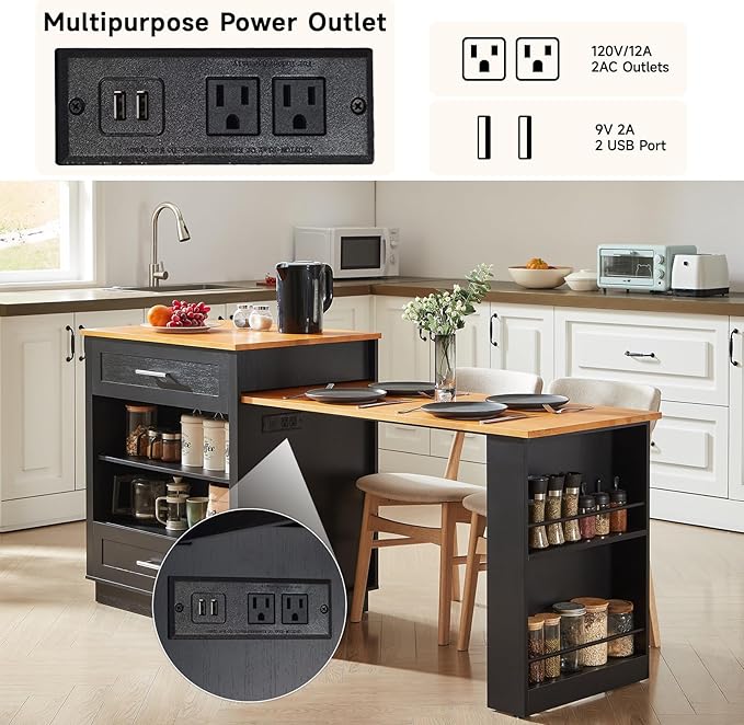 76" Kitchen Islands with Extendable Dining Table, 2-6 Island Table for Kitchen, Mobile Kitchen Table with Double-Side Storage, Kitchen Island on Wheels with Power Outlet & Spice Rack, Black