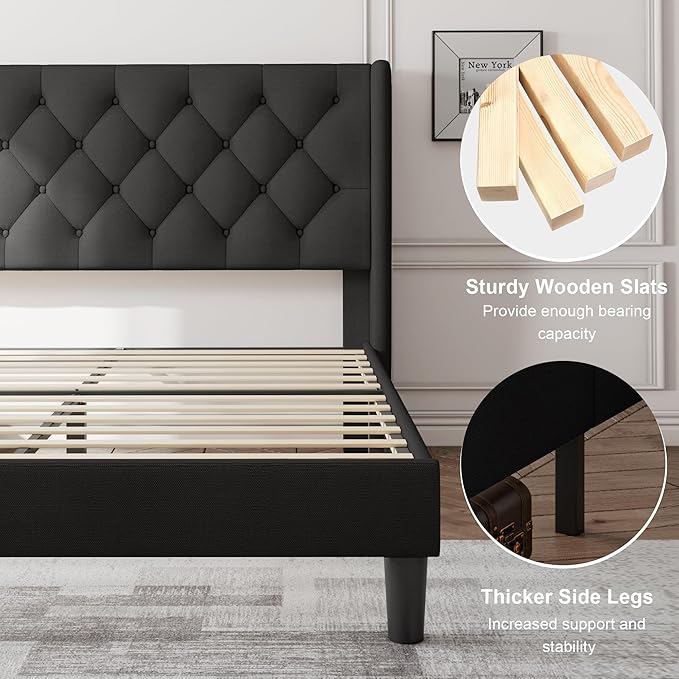 Feonase Queen Bed Frame with Upholstered Wingback Headboard, Platform Bed and Heavy Duty Wooden Slats Support, Easy Assembly, Noise-Free, No Box Spring Needed, Black