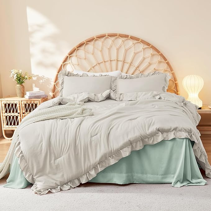 Litanika Linen Grey Queen Comforter Set, 3 Pieces Ruffle Farmhouse Aesthetic Bedding Comforter Set, All Season Soft Lightweight Fluffy Microfiber Bed Set(90x90In Comforter, 2 Pillowcases)