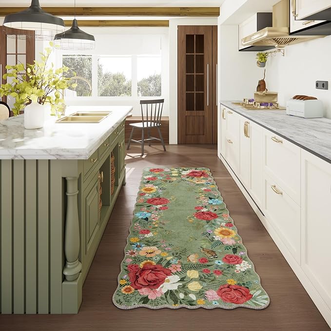 Floral Rug for Kitchen 2'6''x8' Washable Floral Runner Rugs Boho Vintage Low Pile Carpet for Entryway, Laundry Room High Traffic Areas, Indoor Rug for Bathroom (Green