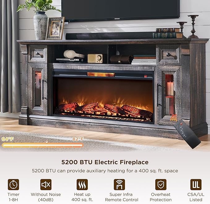 OKD Farmhouse Fireplace TV Stand for 80 Inch TV, Entertainment Center with 42" Fireplace & LED Lights, Modern Media Console Table with Storage Drawers & Cabinets for Living Room, Dark Rustic Oak