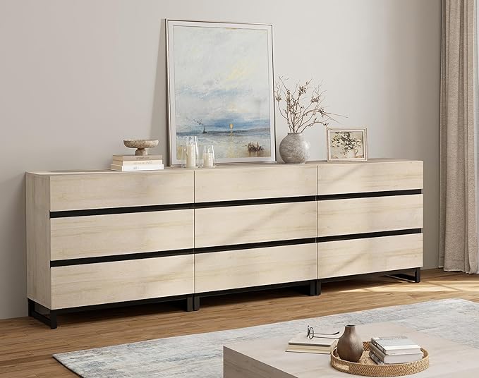 WAMPAT Dresser for Bedroom, Closet Organizers and Storage with 9 Drawers, Chest of Drawers with Metal Base, Wooden Modern Dresser for Living Room, Bedroom, Entryway, Light Oak