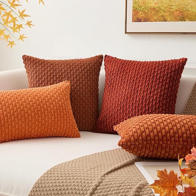 Kevin Textile Fall Throw Pillow Covers Soft Corduroy Decorative Set of 2 Boho Striped Pillow Covers Pillowcases Farmhouse Home Decor for Couch Bed Sofa Living Room 18x18 Inch Rust Brown