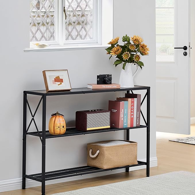 Hoctieon Industrial Console Table, 3 Tier Entryway Table, Hallway Table, Narrow Sofa Table with Shelves, Entrance Table for Entryway, Living Room, Foyer, Hallway, Office, Black