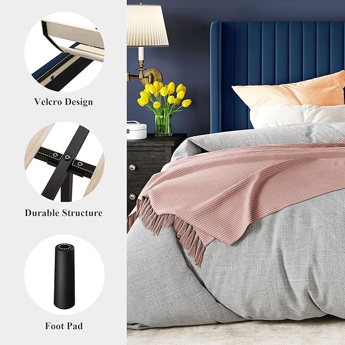 Allewie King Size Velvet Bed Frame/Vertical Channel Tufted Wingback Headboard/Upholstered Platform Bed/Strong Wooden Slats/No Box Spring Needed/Easy Assembly/Blue