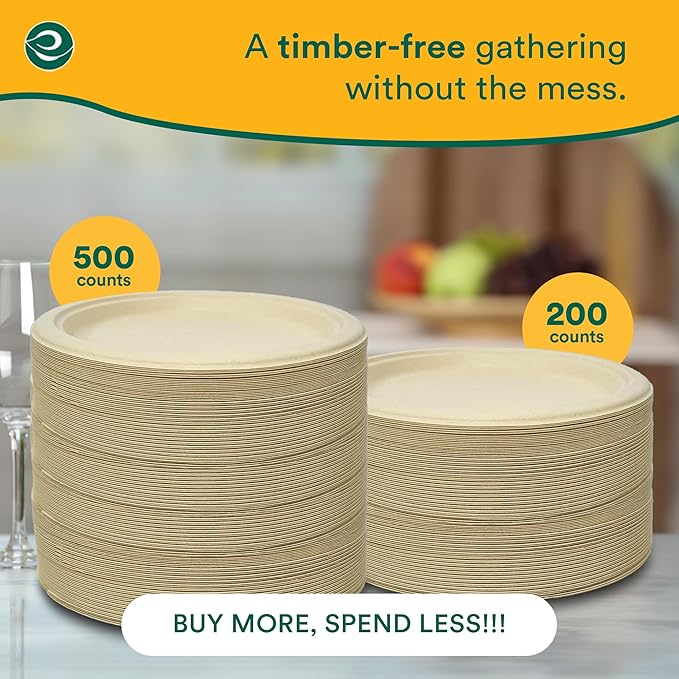 ECO SOUL Compostable 9 Inch(500-Pack) Biodegradable Heavy-Duty Disposable Eco-Friendly Paper Plates for Dinner & Parties, Wedding, Event