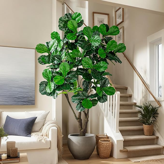 Artificial Fiddle Leaf Fig Tree 8ft with White Planter Realistic Fiddle Leaf Lyrata Plant Tall Fake Tree with Natural-Looking Leaves Fake Tree for Indoor Outdoor Home Office Decor