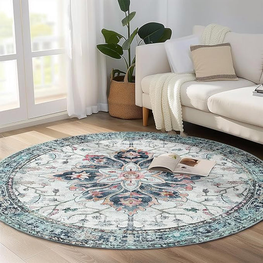 Area Rugs 6ft Washable Non-Slip, Floral Vintage Distress Print Pattern Medallion Carpet for Living Room Bedroom Dining Room, Green Navy Blue White Red Teal Colorful