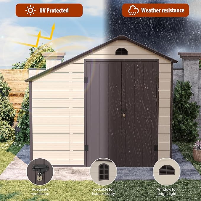 8.5 ft. W x 6.3 ft. D Resin Outdoor Patio Storage Shed with Firewood Rack, Floor and Lockable Door