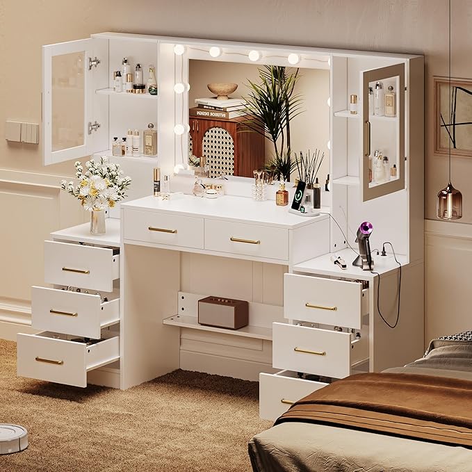 58.3”Vanity Desk with Mirror and Lights & Charging Station, Bedroom Dressing Table, Large Vanity Set, 8 Drawers and 2 Cabinets, Makeup Vanity Table with Charging Station, Without Stool