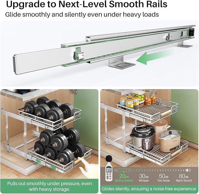 Kitstorack Pull out Cabinet Organizer, 2 Tier Heavy Duty Smooth Sliding Under Cabinet Shelves for Pots and Pans,Roll out Drawers with Thickened Chrome Plating(17" W X 21" D)