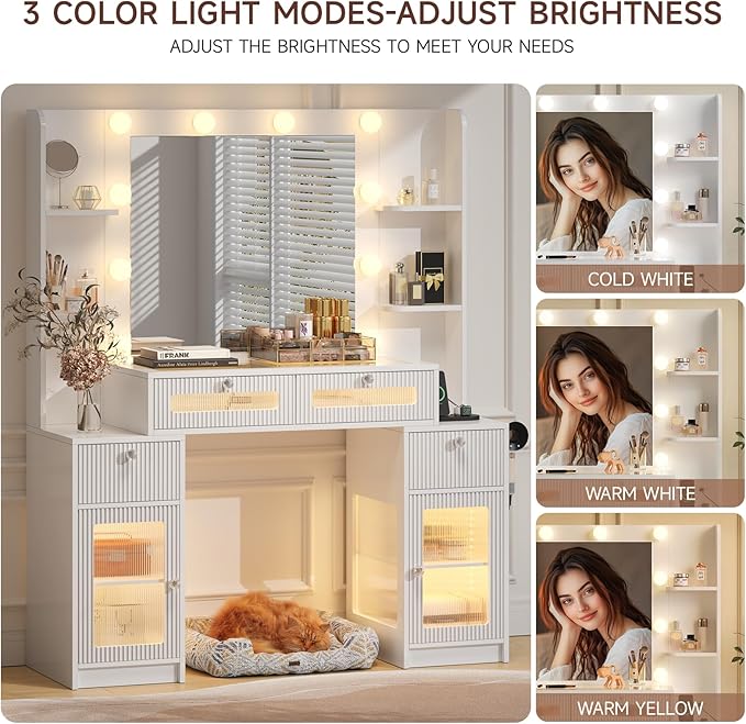Vanity Desk with Mirror and Lights 3 Colors, 47" Glass Top Fluted Makeup Vanity Desk with Lights & Power Outlet for Bedroom, Dressing Table with 4 Lighted Drawers and 2 storage cabinets, White
