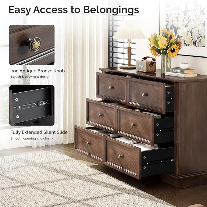 VINGLI Wood Dresser 6 Drawer, Brown Dresser for Bedroom, Vintage Dressers, Chest of Drawers for Living Room, 47.24" W*15.75D*31.5" H