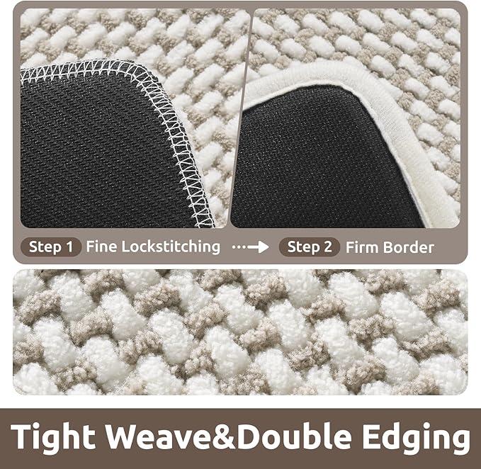 AMOAMI Chenille Bath Mat Super Absorbent Bathroom Mat Quick Dry Low Pile Bath Mats for Bathroom Washable Rubber Backed Bathroom Runners Fit Under Door, Front of Bathtub, Sink, Beige&White 24"x70"