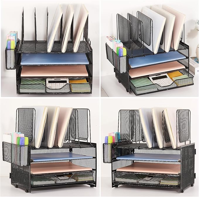 Desk Organizers and Accessories, 3-Tier Paper Organizer with 5 Vertical File Holders, File Organizer for Desk (Black With Drawer, 3T With Drawer)