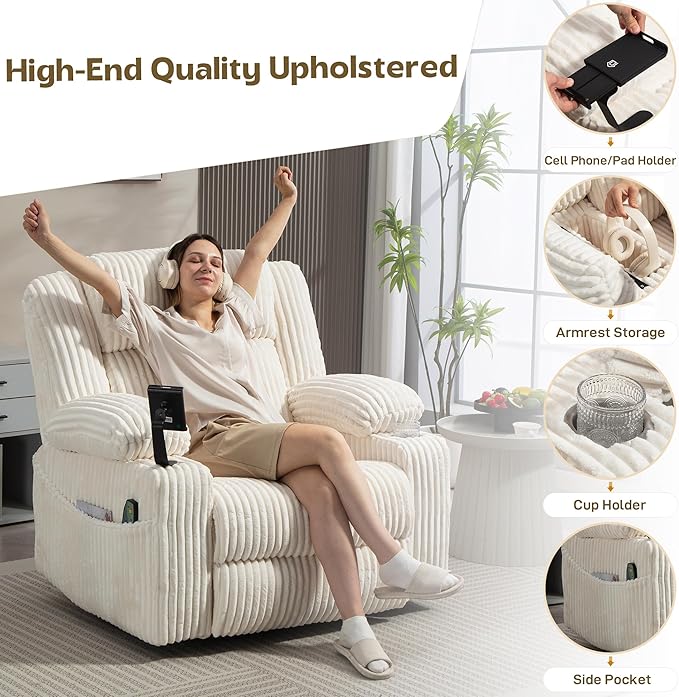 Dual Motor Power Oversized Swivel Rocker Recliner Chair with Adjustable Headrest for Adults, Glider Rocking Chairs with Vibration and Heat, USB Type C, Armrest Storage, Cream White