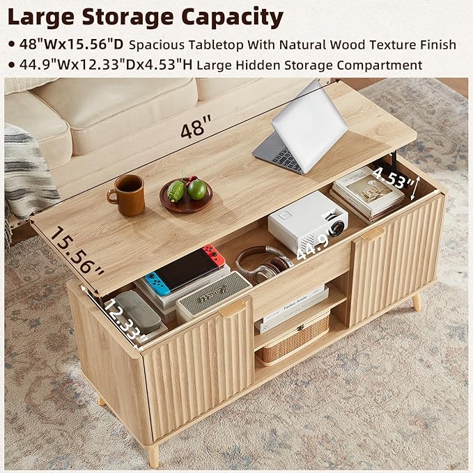 LEYAOYAO 48" Fluted Lift Top Coffee Table with Hidden Storage & Adjustable Shelves, Lifting Tabletop Large Rectangular Coffee Tables, Mid Century Modern Wood Center Table for Living Room, Natural