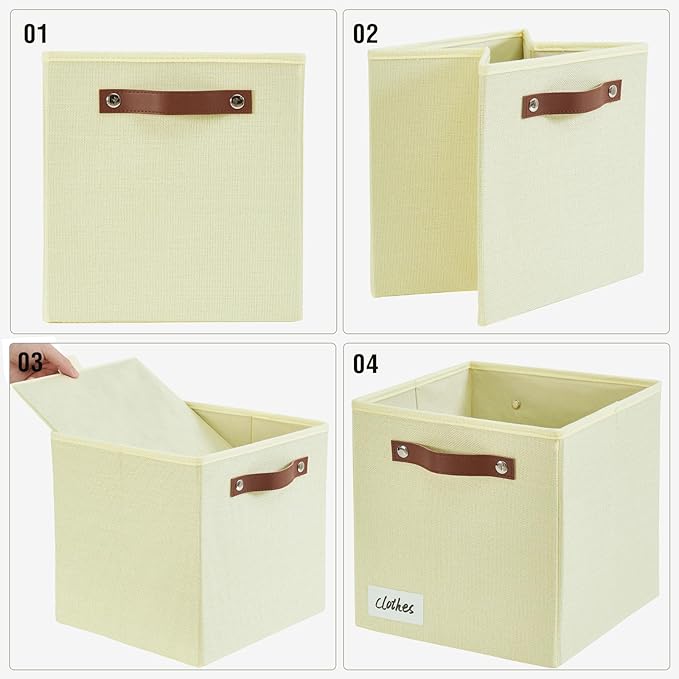 Collapsible Fabric Storage Cube Bins with 2 Reinforced PU Handles, Foldable Storage Organizer Baskets for Closet, Shelves, Living Room | 11"x11"x11", 4 Pack, Full Beige