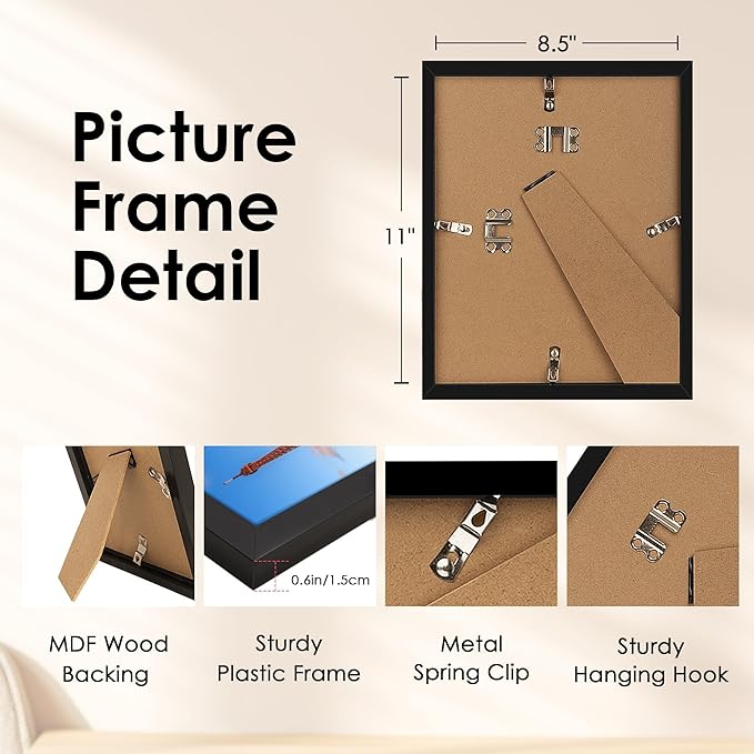 FIXSMITH 8.5x11 Picture Frame, Black Photo Frame with HD Plexiglass, Display Pictures 6x8 with Mat or 8.5x11 Without Mat, Picture Frames Collage for Tabletop or Wall Display, 2 Pack