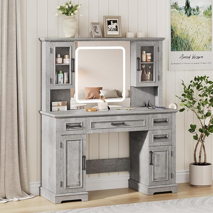 Maupvit Farmhouse Vanity Desk with Mirror and Lights, Makeup Vanity Table with Charging Station, 45" Bedroom Table with 4 Drawers and Cabinets, 3 Lighting Modes, Grey