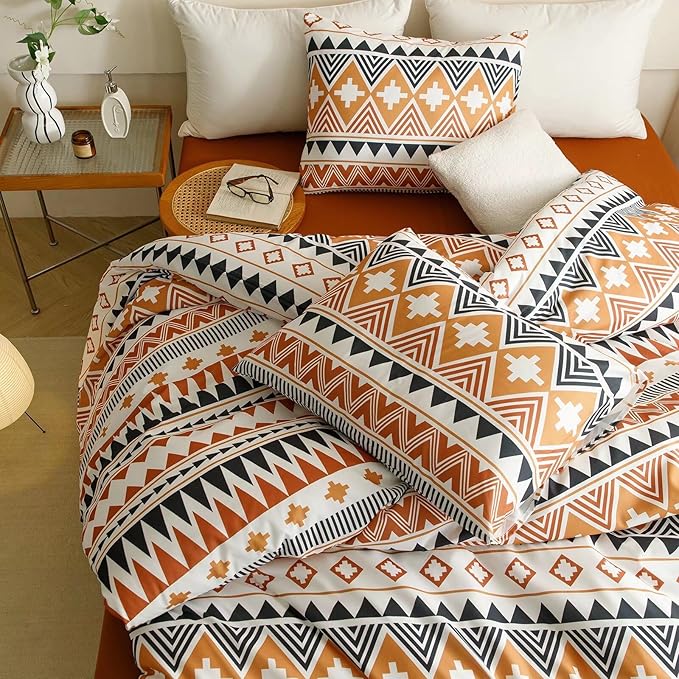 Luxlovery Boho Aztec Comforter Set Queen Orange Geometric Bedding Comforter Set Beige Black Colorful Farmhouse Blanket Quilts Soft Rustic 3PCS Comforter Set Queen Size