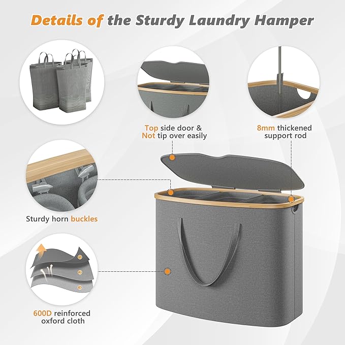 205L Laundry Hamper with Lid 3 Section, Extra Large Laundry Basket with 3 Removable Bags, 54GAL Laundry Basket Organizer for Bedroom, Laundry Room, Dorm,Clothes Hamper,Grey