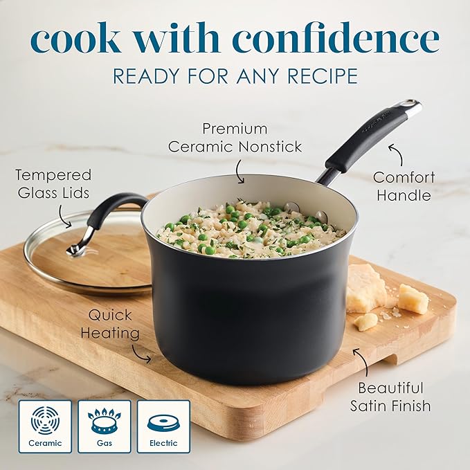 Rachael Ray Cucina Ceramic Cookware Set - 13 Pieces - Ceramic Pots and Pans Set w/Nonstick Frying Pans, Saute Pan, Saucepans, Stockpot, Lids, Pan Protectors & Cooking Utensils - Peppercorn