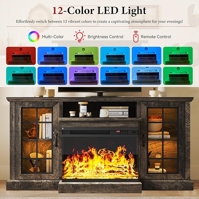 MXV 59'' Fireplace TV Stand, Farmhouse Entertainment Center with 3 Sided Glass TV Stand, Modern Media Console Table with Storage Drawers & Cabinets with LED Flame and Lights for Living Room, Gray