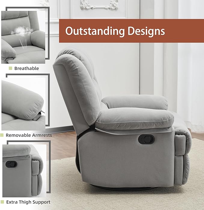 Swivel Rocking Recliner Chair for Adults, Overstuffed Manual Rocker Nursery Recliner Glider, Upholstered Fabric Reclining Single Sofa Chair for Living Room (Light Grey)