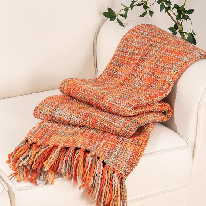 BATTILO HOME Rust Orange Throw Blanket for Couch, Bed, Boho Colorful Throw Blanket with Tassels, Halloween Decor, Fall Throw Blankets for Home Decor, 50"x60"
