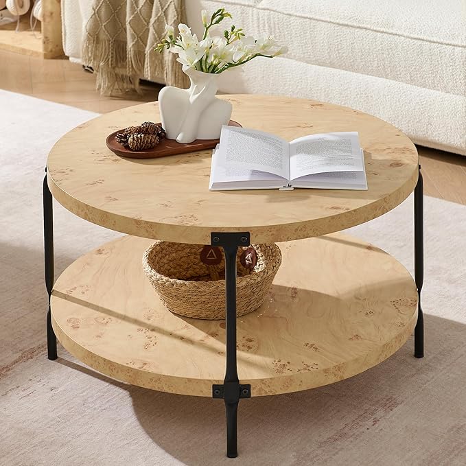 Round Boho Wood Coffee Table - 29.1" Farmhouse Natural Circle Wooden 2-Tier Coffee Tables Living Room Furniture, 29.1" D x 18.3" H, Burl Wood Color