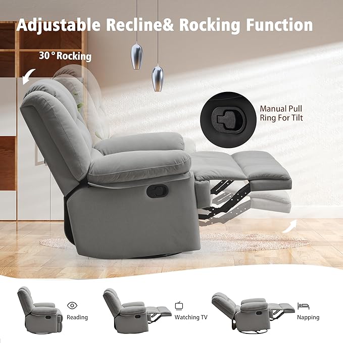 Swivel Rocking Recliner Chair for Adults, Overstuffed Manual Rocker Nursery Recliner Glider, Upholstered Fabric Reclining Single Sofa Chair for Living Room (Light Grey)