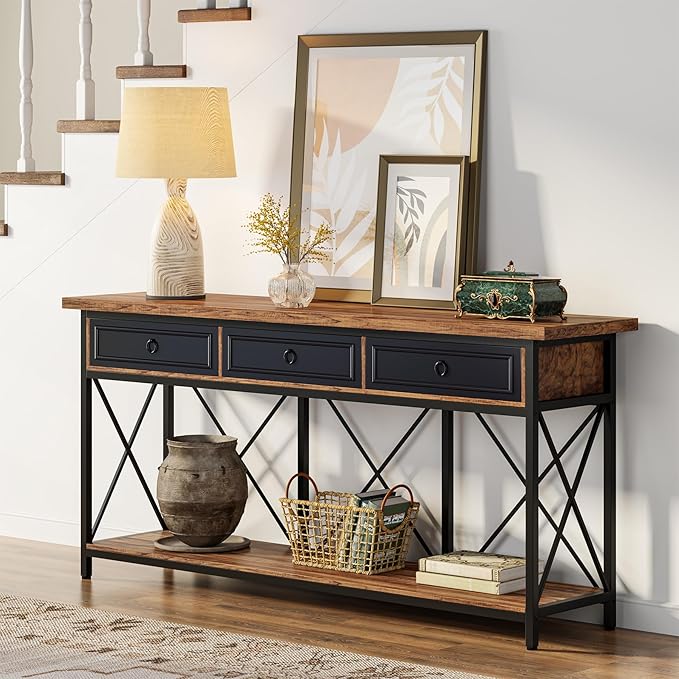 Tribesigns 70.8" Console Table with 3 Drawers, Farmhouse Entryway Table with Storage Shelf, Narrow Long Sofa Foyer Table for Entryway, Hallway (Brown/Black)