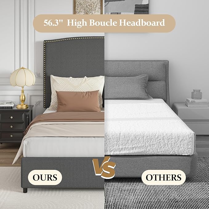 King Bed Frame, King Size Upholstered Platform Bed Frame with 56" Headboard, Soft Boucle Fabric, Mid-Century Modern Design, No Box Spring Required, Easy Assembly, Grey