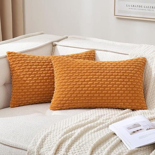 MIULEE Fall Burnt Orange Throw Pillow Covers Soft Corduroy Decorative Set of 2 Boho Striped Pillowcases Farmhouse Home Decor for Thanksgiving Couch Bed Sofa Living Room 12x20 Inch