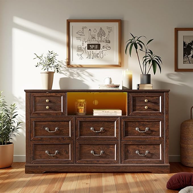 Dresser for Bedroom with Charging Station & Led Lights,55.02" TV Stand with 8 Drawers,Dressers & Chests of Drawers with Open Shelves,Hallway,Closet 55.02" W x 34.53" H x 15.77" D Brown