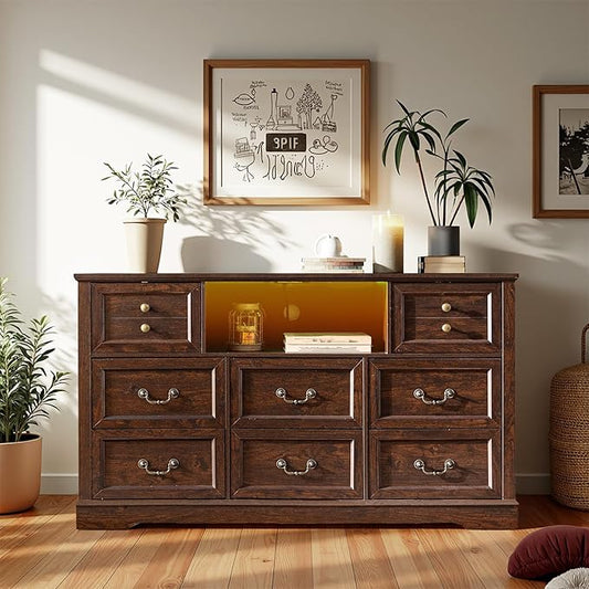 Dresser for Bedroom with Charging Station & Led Lights,55.02" TV Stand with 8 Drawers,Dressers & Chests of Drawers with Open Shelves,Hallway,Closet 55.02" W x 34.53" H x 15.77" D Brown