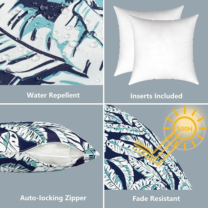 LVTXIII Outdoor Throw Pillows, Decorative Throw Pillows with Inserts, 16"x16" Square Pillows for Bed, Couch, Sofa and Patio Furniture, Set of 2, Baltic Palms White