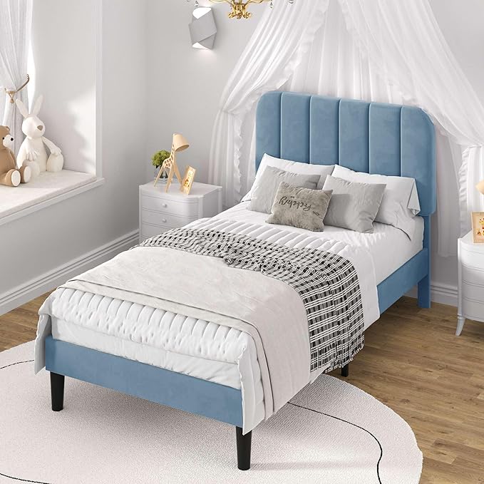 VECELO Twin Size Bed Frame with Upholstered Headboard, Velvet Platform Bedframe Mattress Foundation, Strong Wood Slat Support, No Box Spring Needed,Sky Blue