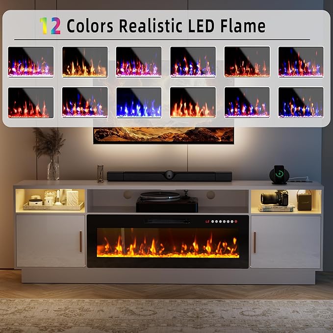 Ludatido 80 Inch Premium TV Stand with 36 inch Electric Fireplace 27 Inch high LED Light Entertainment Center Easy to Assemble for TVs Up to 90'' with USB&AC Power Interface White