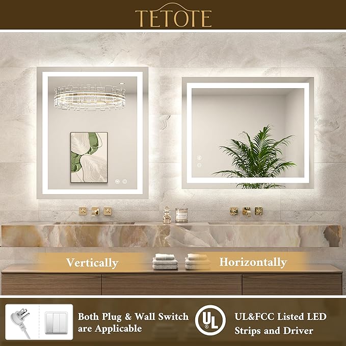 TETOTE 60 x 28 LED Lighted Bathroom Mirror with Lights, Brighter Front and Backlit Light up Mirror for Bathroom Vanity Wall, 3-Color Dimmable Illuminated Antifog Mirror, Waterproof, Tempered Glass