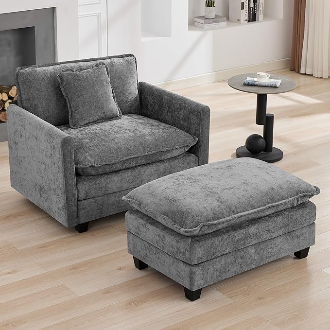 41'' Modern Chenille Oversized Chair, Upholstered Accent Living Room Chair with Extra Thicked Deep Seat, Single Lounge Chair for Bedroom, Small Apartment, Grey