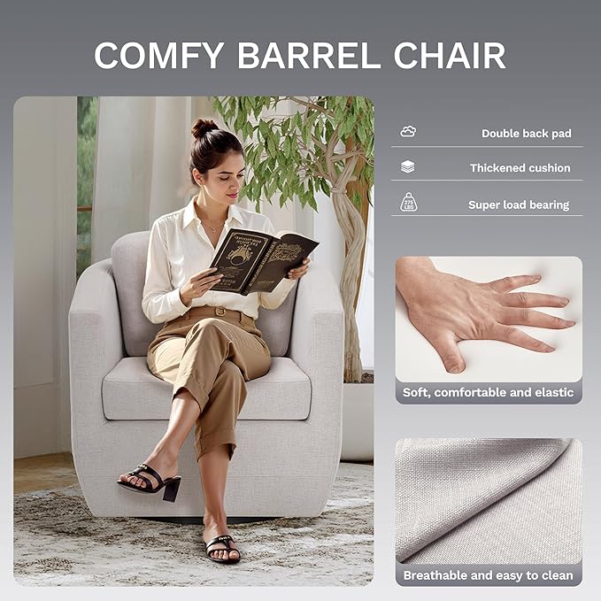 COLAMY Swivel Accent Chair, Round Upholstered Swivel Barrel Armchair Metal Base Fabric Chair Modern No Assembly Sofa Chair for Living Room Bedroom Reading Apartment Nursery, Beige(2pc)