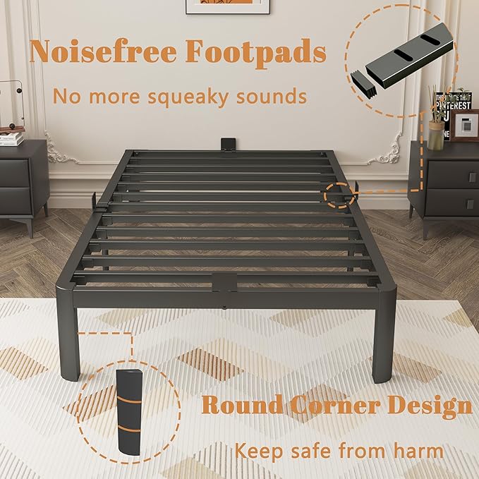 Black 12 Inch Twin Bed Frames with Gaskets, Metal Twin Size Bed Frame No Box Spring Need, Heavy Duty Steel Platform Support, Round Corner Desgin, Reserved Holes, Storage Space, Noiseless