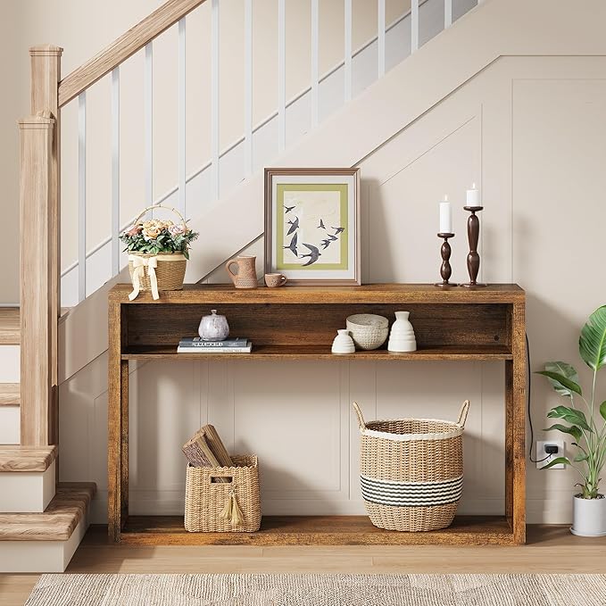 FAVOOSTY Farmhouse Console Table with Storage, 47" Entryway Console Table with Led Light, 2-Tier Entryway Table Sofa Table Behind Couch Table Hallway Stand for Living Room,Foyer,Entrance Brown