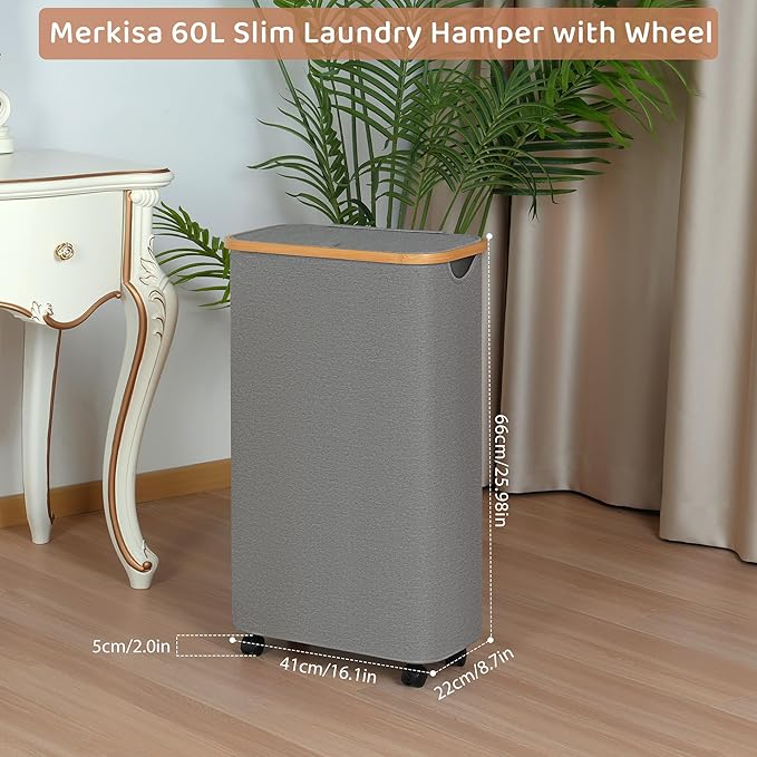 Slim Laundry Basket with Wheels,Narrow Hampers for Laundry, Laundry Hamper with Lid&Bamboo Handles,Collapsible Waterproof Tall Cloth Hamper for Dorm Family(60L Grey)