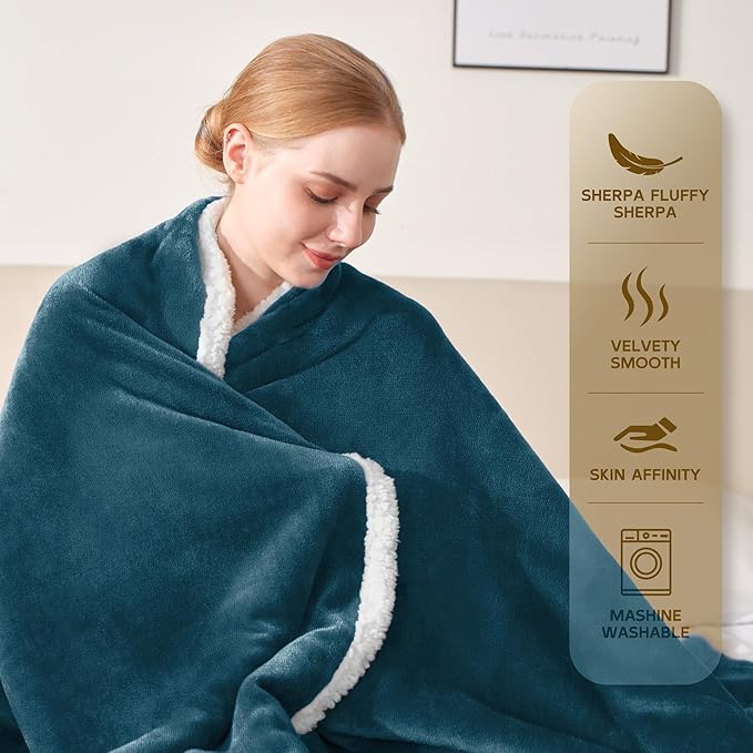 BEAUTEX Sherpa Fleece Throw Blankets, Soft Fluffy Flannel Plush Blanket and Throw, Fuzzy Cozy Cuddle Blankets for Couch Bed Sofa Adults (50" x 60", Dusty Blue)