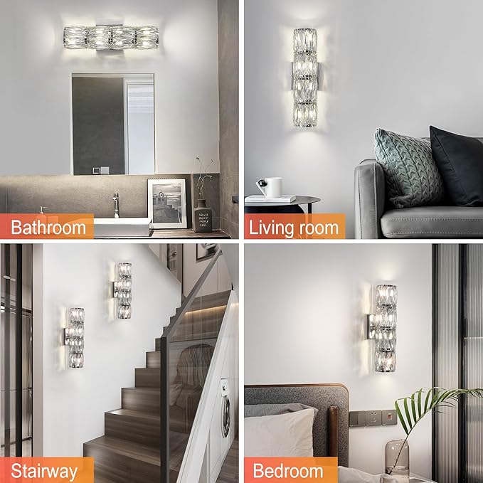 Crystal Wall Sconces Set of Two, Modern Sconces Wall Decor Set of 2 Chrome Bedroom Indoor Wall Sconce Bedside Wall Mounted Lamp for Hallway Bathroom Vanity Light Fixtures